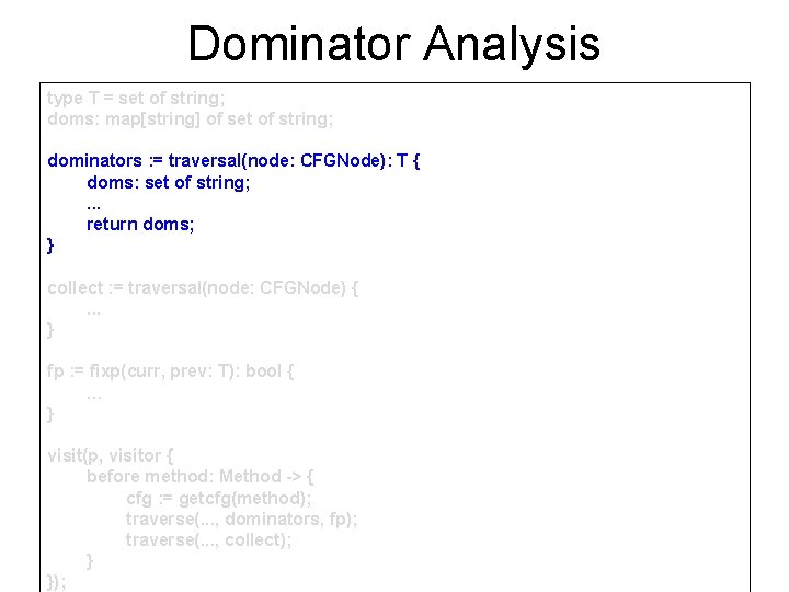 Dominator Analysis type T = set of string; doms: map[string] of set of string;