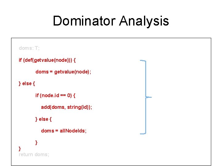Dominator Analysis dominators : = traversal(node: CFGNode): T { doms: T; if (def(getvalue(node))) { Dominator Analysis dominators : = traversal(node: CFGNode): T { doms: T; if (def(getvalue(node))) {