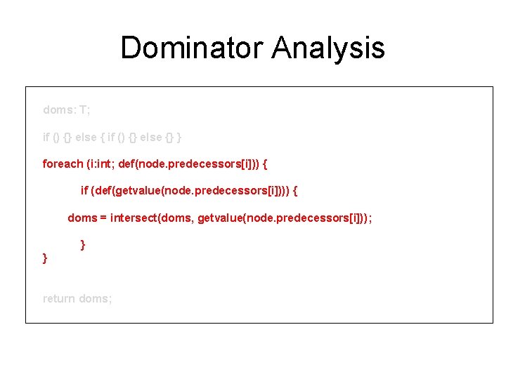 Dominator Analysis dominators : = traversal(node: CFGNode): T { doms: T; if () {} Dominator Analysis dominators : = traversal(node: CFGNode): T { doms: T; if () {}