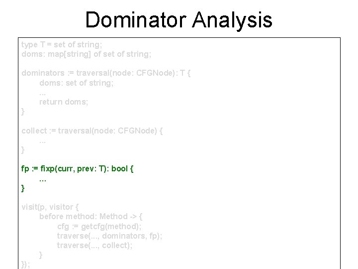 Dominator Analysis type T = set of string; doms: map[string] of set of string;