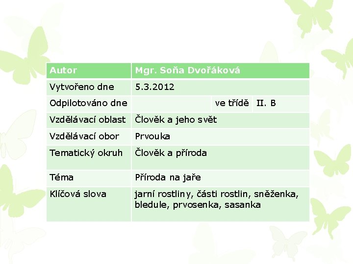 Autor Mgr. Soňa Dvořáková Vytvořeno dne 5. 3. 2012 Odpilotováno dne ve třídě II.