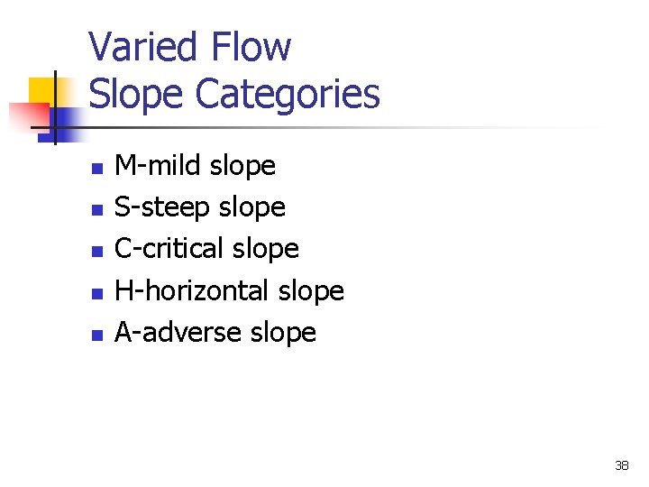 Varied Flow Slope Categories n n n M-mild slope S-steep slope C-critical slope H-horizontal