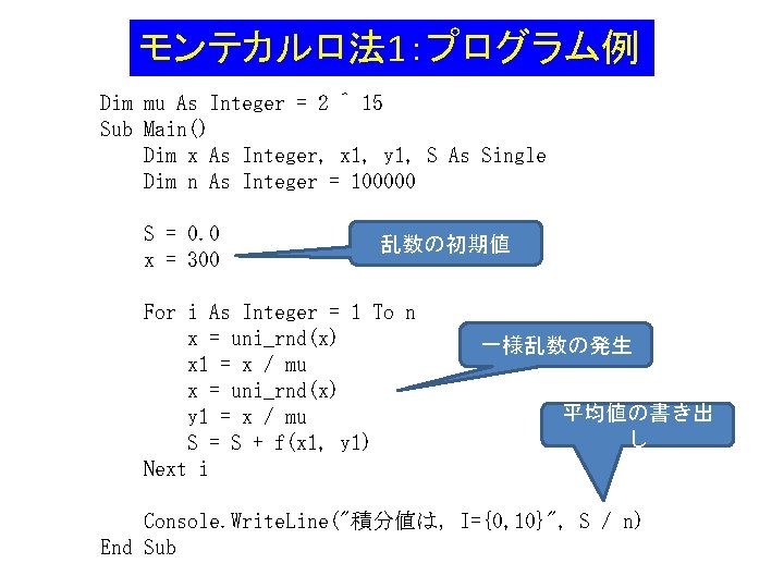 モンテカルロ法 1：プログラム例 Dim mu As Integer = 2 ^ 15 Sub Main() Dim x