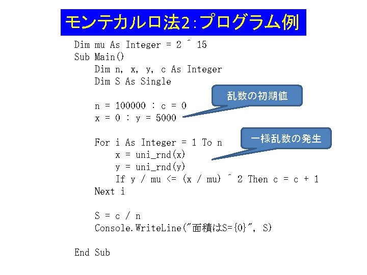 モンテカルロ法 2：プログラム例 Dim mu As Integer = 2 ^ 15 Sub Main() Dim n,