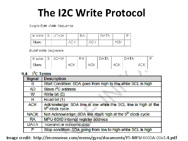 The I 2 C Write Protocol Image credit: http: //invensense. com/mems/gyro/documents/PS-MPU-6000 A-00 v 3.