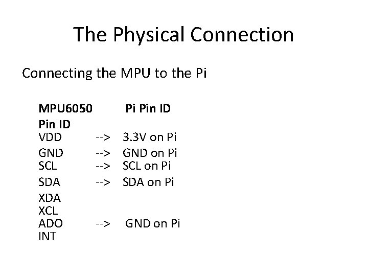 The Physical Connection Connecting the MPU to the Pi MPU 6050 Pi Pin ID