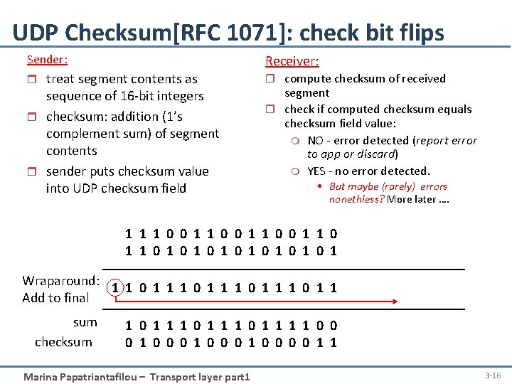 UDP Checksum[RFC 1071]: check bit flips Sender: Receiver: r treat segment contents as r