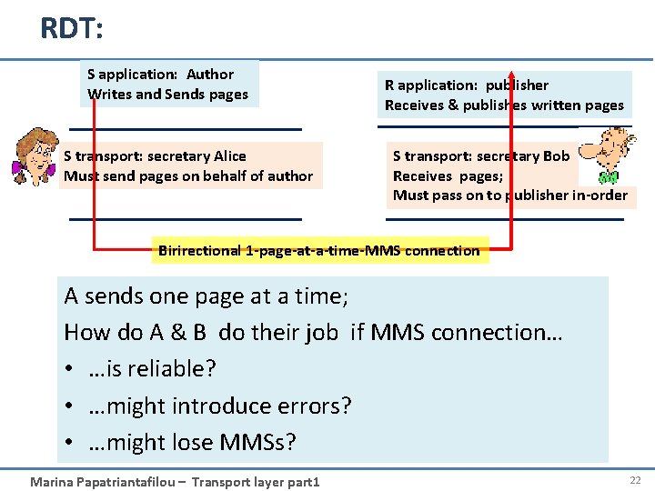 RDT: S application: Author Writes and Sends pages S transport: secretary Alice Must send