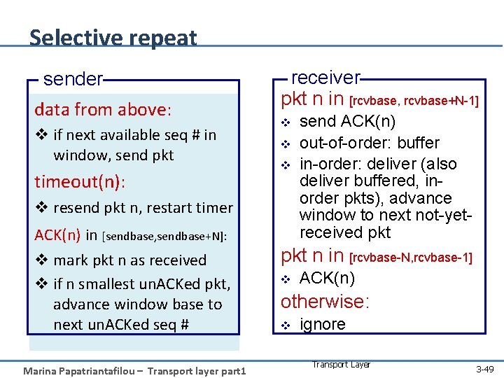 Selective repeat sender data from above: v if next available seq # in window,