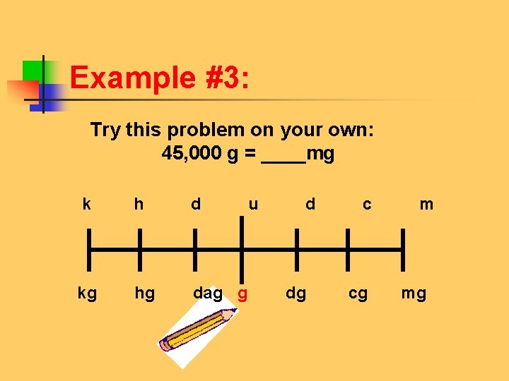 Example #3: Try this problem on your own: 45, 000 g = ____mg k