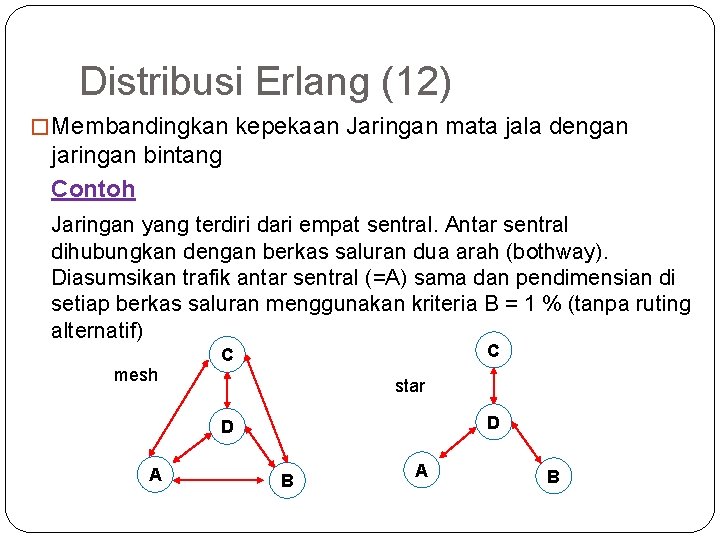 61 Distribusi Erlang (12) � Membandingkan kepekaan Jaringan mata jala dengan jaringan bintang Contoh