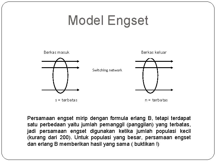 Model Engset Berkas masuk Berkas keluar Switching network s = terbatas n = terbatas