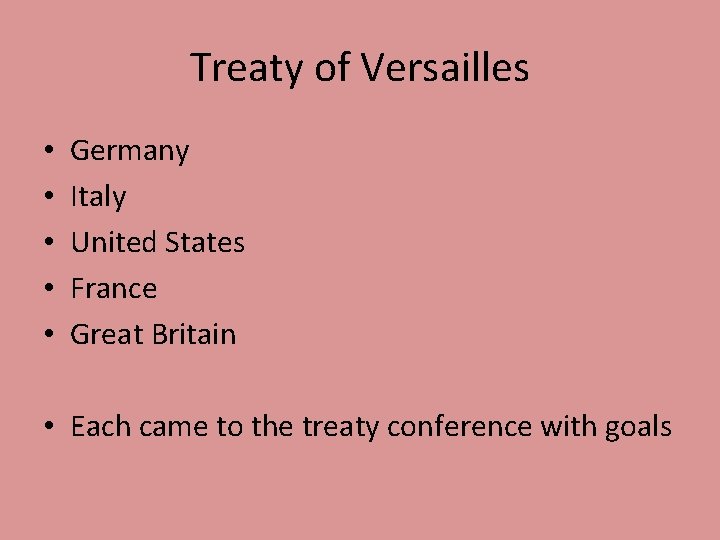 Treaty of Versailles • • • Germany Italy United States France Great Britain •