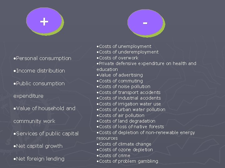 + • Personal consumption • Income distribution • Public consumption expenditure • Value of