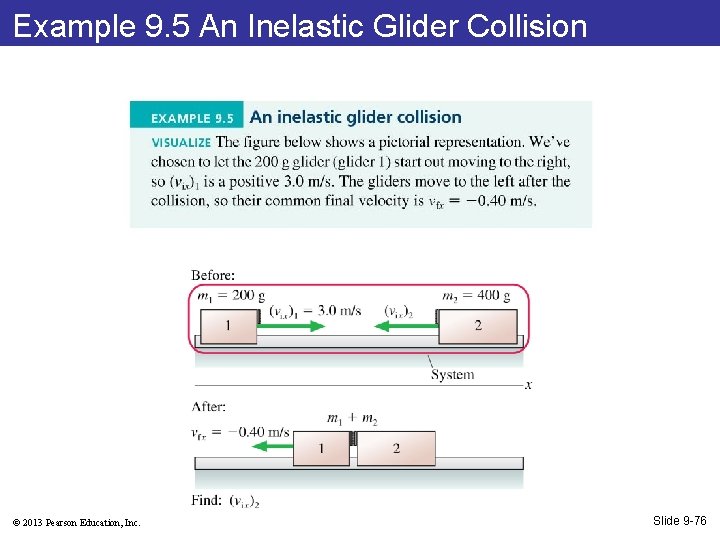 Example 9. 5 An Inelastic Glider Collision © 2013 Pearson Education, Inc. Slide 9