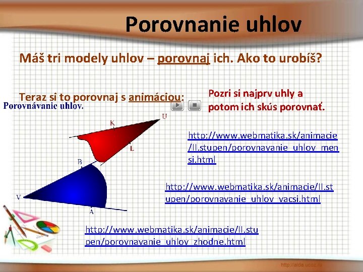 Porovnanie uhlov Máš tri modely uhlov – porovnaj ich. Ako to urobíš? Teraz si