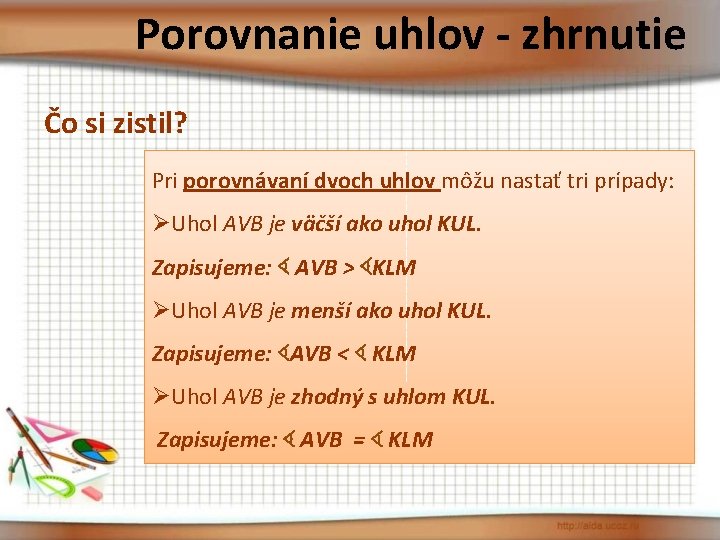 Porovnanie uhlov - zhrnutie Čo si zistil? Pri porovnávaní dvoch uhlov môžu nastať tri