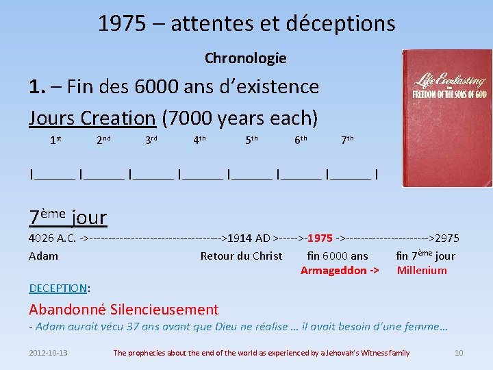 1975 – attentes et déceptions Chronologie 1. – Fin des 6000 ans d’existence Jours