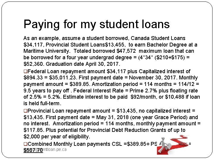 Paying for my student loans As an example, assume a student borrowed, Canada Student