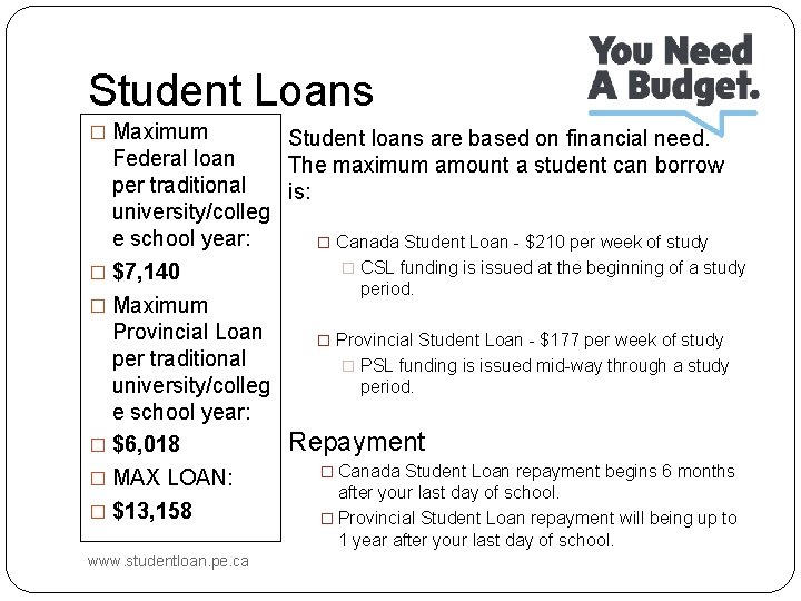 Student Loans � Maximum Federal loan per traditional university/colleg e school year: � $7,