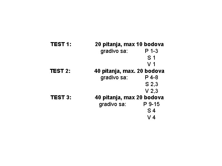 TEST 1: TEST 2: TEST 3: 20 pitanja, max 10 bodova gradivo sa: P