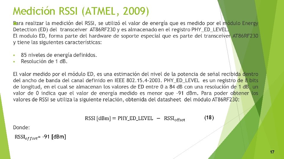 Medición RSSI (ATMEL, 2009) (18) 17 