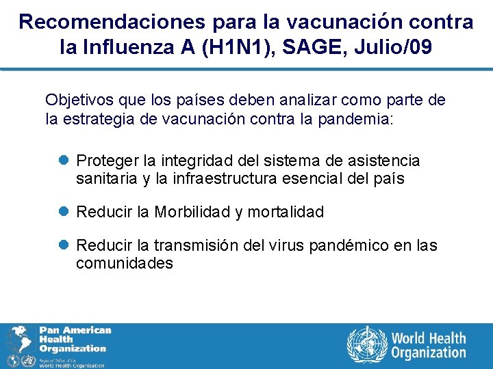 Recomendaciones para la vacunación contra la Influenza A (H 1 N 1), SAGE, Julio/09
