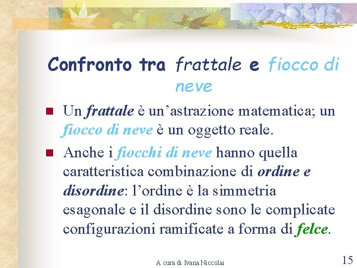 Confronto tra frattale e fiocco di neve n n Un frattale è un’astrazione matematica;