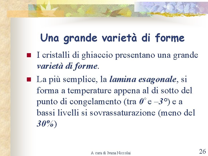 Una grande varietà di forme n n I cristalli di ghiaccio presentano una grande