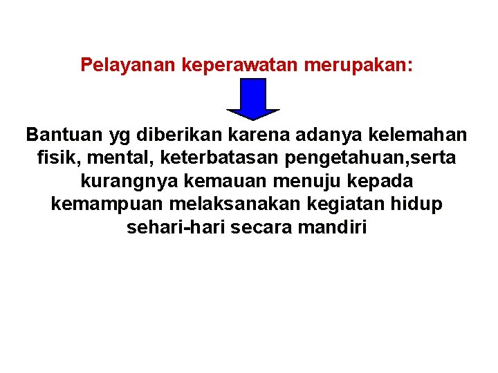 Pelayanan keperawatan merupakan: Bantuan yg diberikan karena adanya kelemahan fisik, mental, keterbatasan pengetahuan, serta