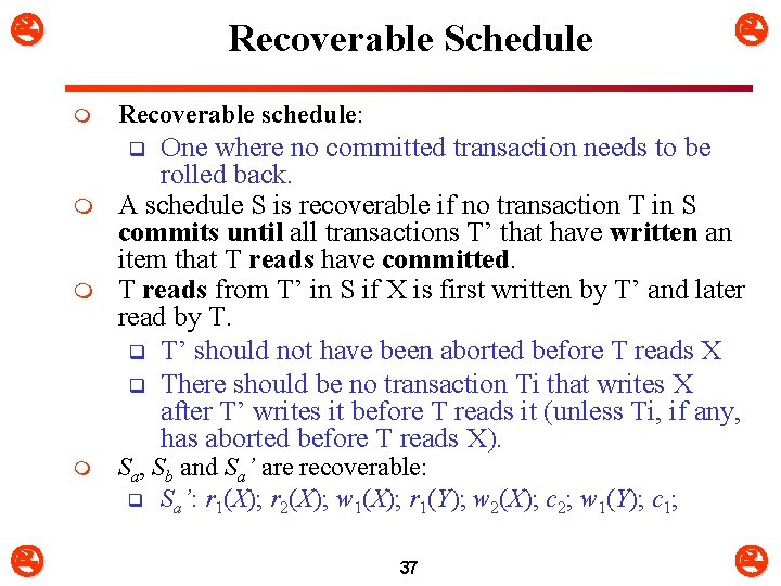  Recoverable Schedule m Recoverable schedule: One where no committed transaction needs to be