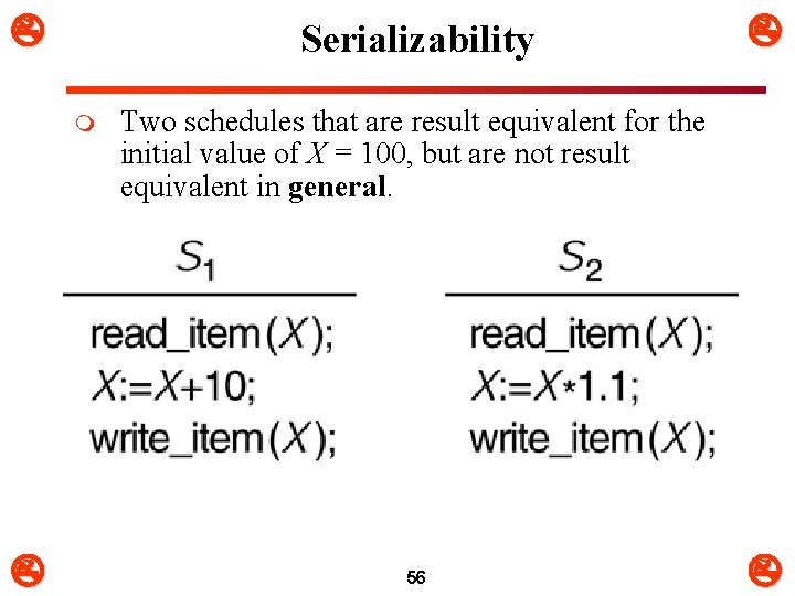 Serializability m Two schedules that are result equivalent for the initial value of