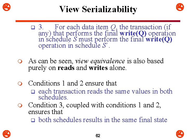  View Serializability q 3. For each data item Q, the transaction (if any)