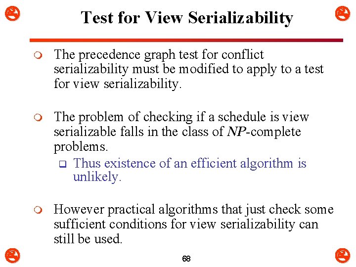  Test for View Serializability m The precedence graph test for conflict serializability must