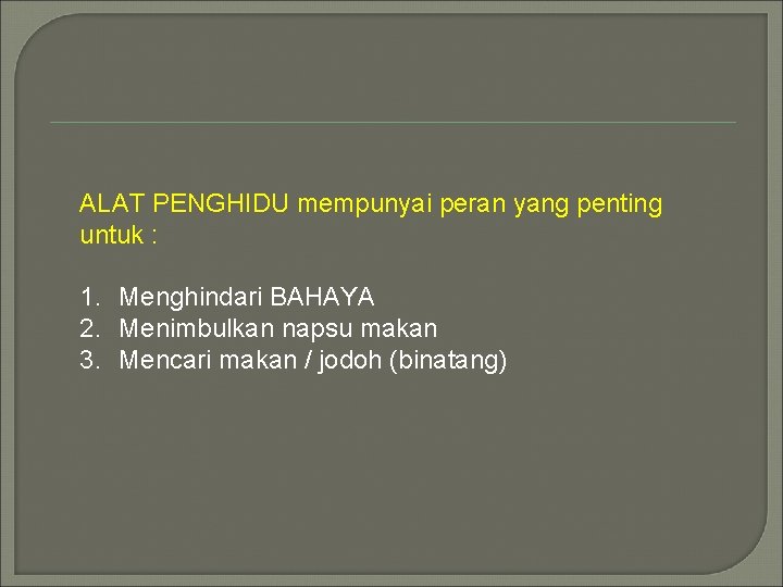 ALAT PENGHIDU mempunyai peran yang penting untuk : 1. Menghindari BAHAYA 2. Menimbulkan napsu