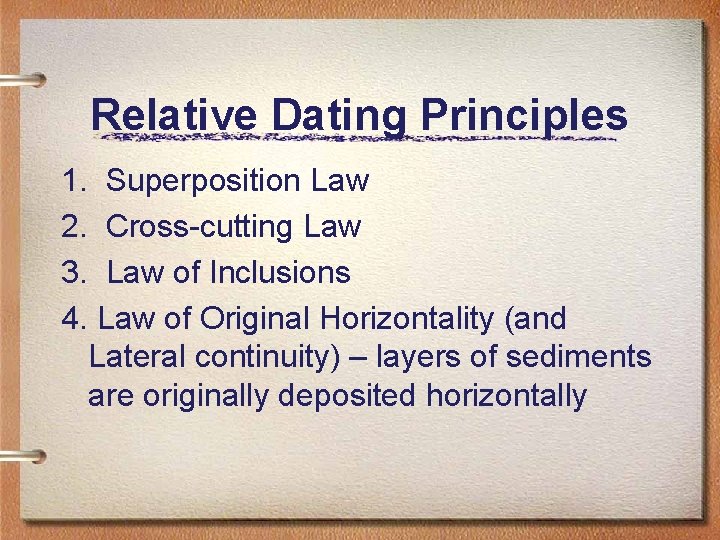 Relative Dating Principles 1. Superposition Law 2. Cross-cutting Law 3. Law of Inclusions 4.