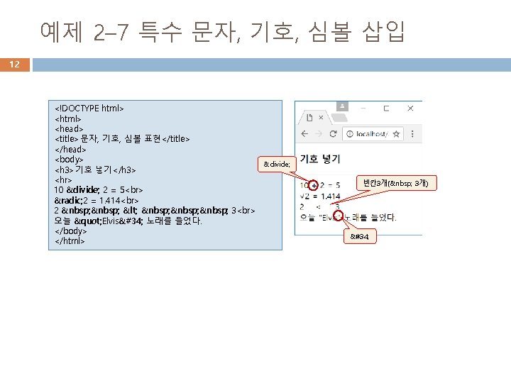 예제 2– 7 특수 문자, 기호, 심볼 삽입 12 <!DOCTYPE html> <head> <title>문자, 기호,