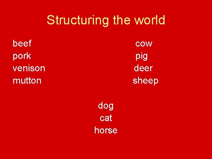 Structuring the world beef pork venison mutton cow pig deer sheep dog cat horse