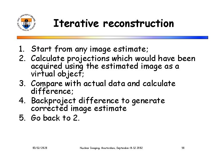 Iterative reconstruction 1. Start from any image estimate; 2. Calculate projections which would have