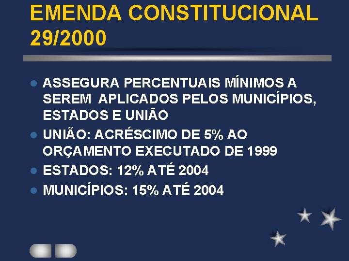 EMENDA CONSTITUCIONAL 29/2000 ASSEGURA PERCENTUAIS MÍNIMOS A SEREM APLICADOS PELOS MUNICÍPIOS, ESTADOS E UNIÃO EMENDA CONSTITUCIONAL 29/2000 ASSEGURA PERCENTUAIS MÍNIMOS A SEREM APLICADOS PELOS MUNICÍPIOS, ESTADOS E UNIÃO