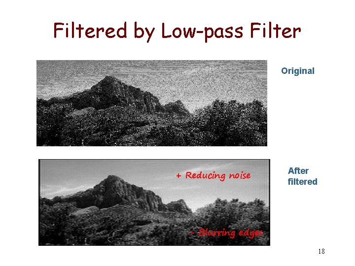 Filtered by Low-pass Filter Original + Reducing noise After filtered - Blurring edges 18