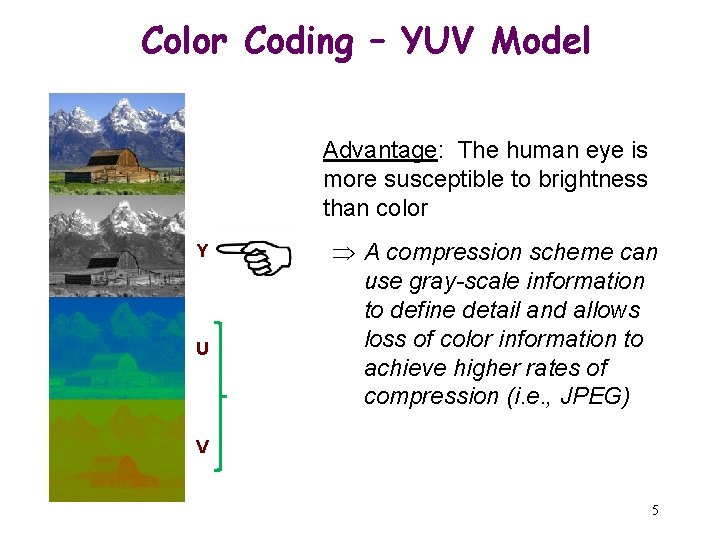 Color Coding – YUV Model Advantage: The human eye is more susceptible to brightness