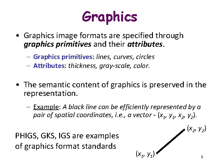 Graphics • Graphics image formats are specified through graphics primitives and their attributes. –
