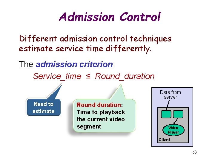 Admission Control Different admission control techniques estimate service time differently. The admission criterion: Service_time