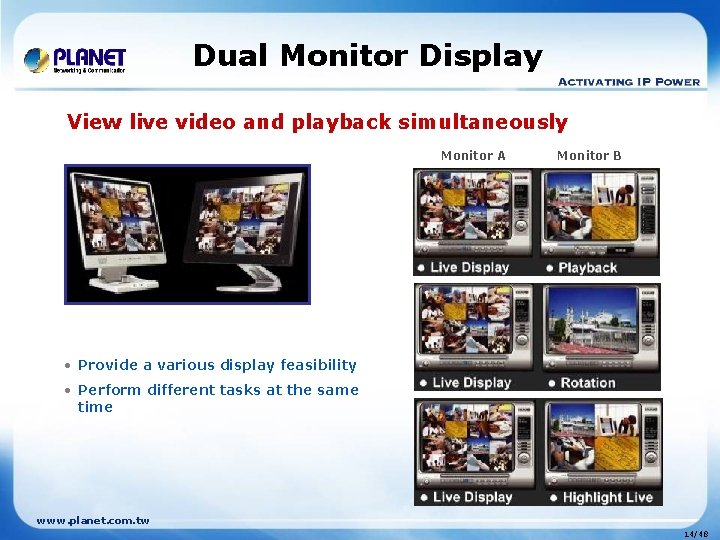 Dual Monitor Display View live video and playback simultaneously Monitor A Monitor B •