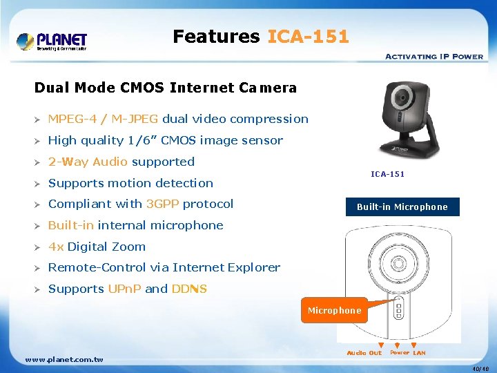 Features ICA-151 Dual Mode CMOS Internet Camera Ø MPEG-4 / M-JPEG dual video compression