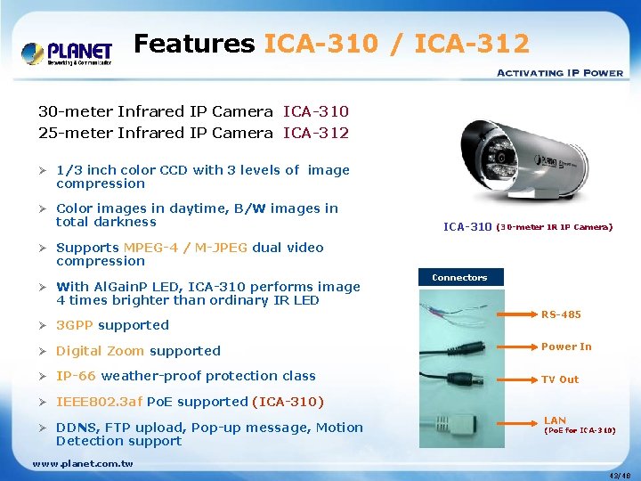 Features ICA-310 / ICA-312 30 -meter Infrared IP Camera ICA-310 25 -meter Infrared IP