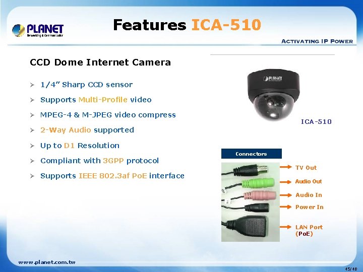 Features ICA-510 CCD Dome Internet Camera Ø 1/4” Sharp CCD sensor Ø Supports Multi-Profile