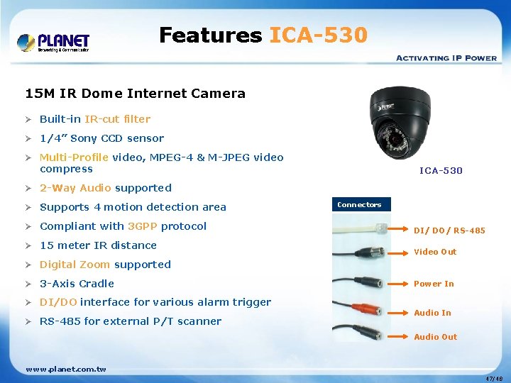 Features ICA-530 15 M IR Dome Internet Camera Ø Built-in IR-cut filter Ø 1/4”