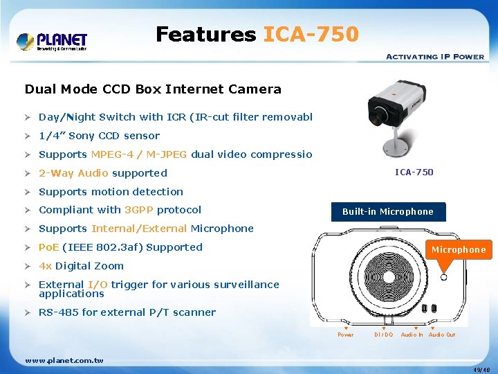 Features ICA-750 Dual Mode CCD Box Internet Camera Ø Day/Night Switch with ICR (IR-cut